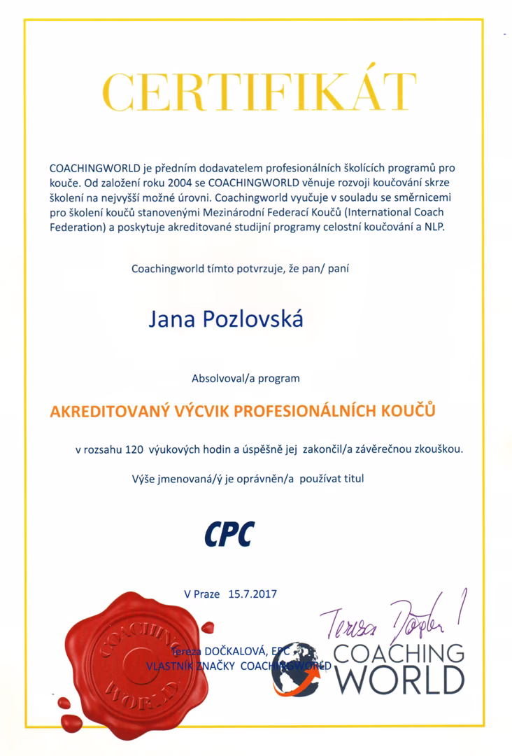 Certifikát - Akreditovaný výcvik profesionálních koučů