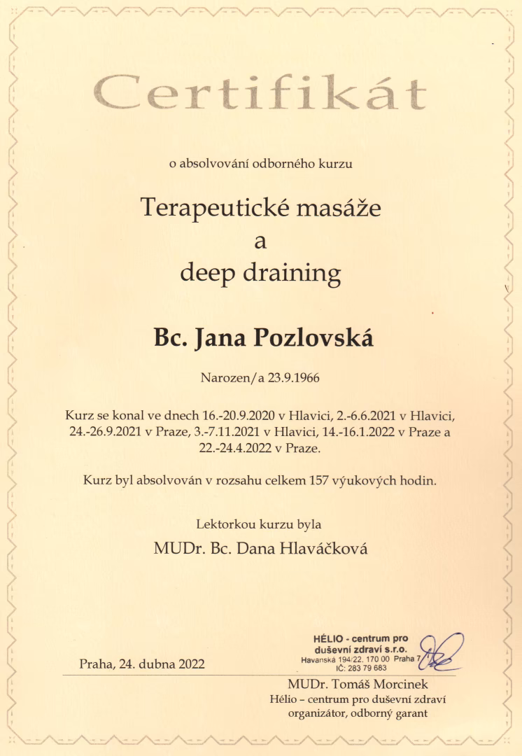Certifikát - Terapeutické masáže a deep draining