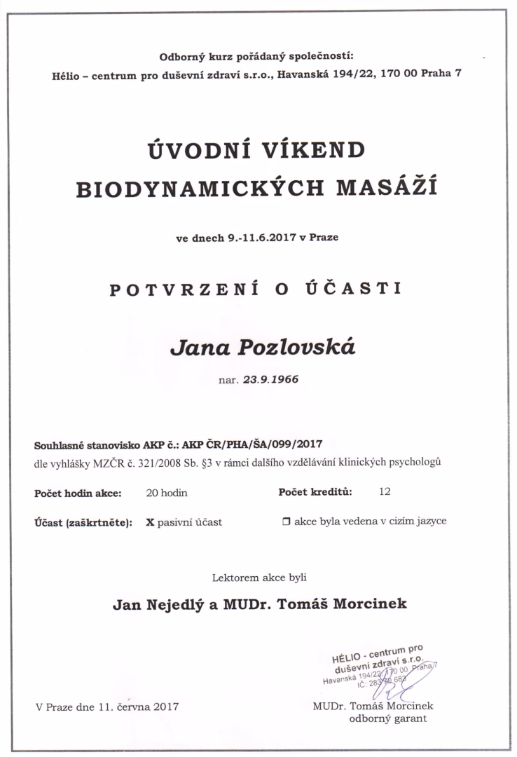Absolvování úvodního víkendu biodynamických masáží